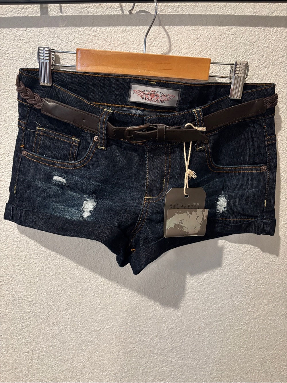 Dark Blue Denim Women’s Shorts with Brown Braided Belt